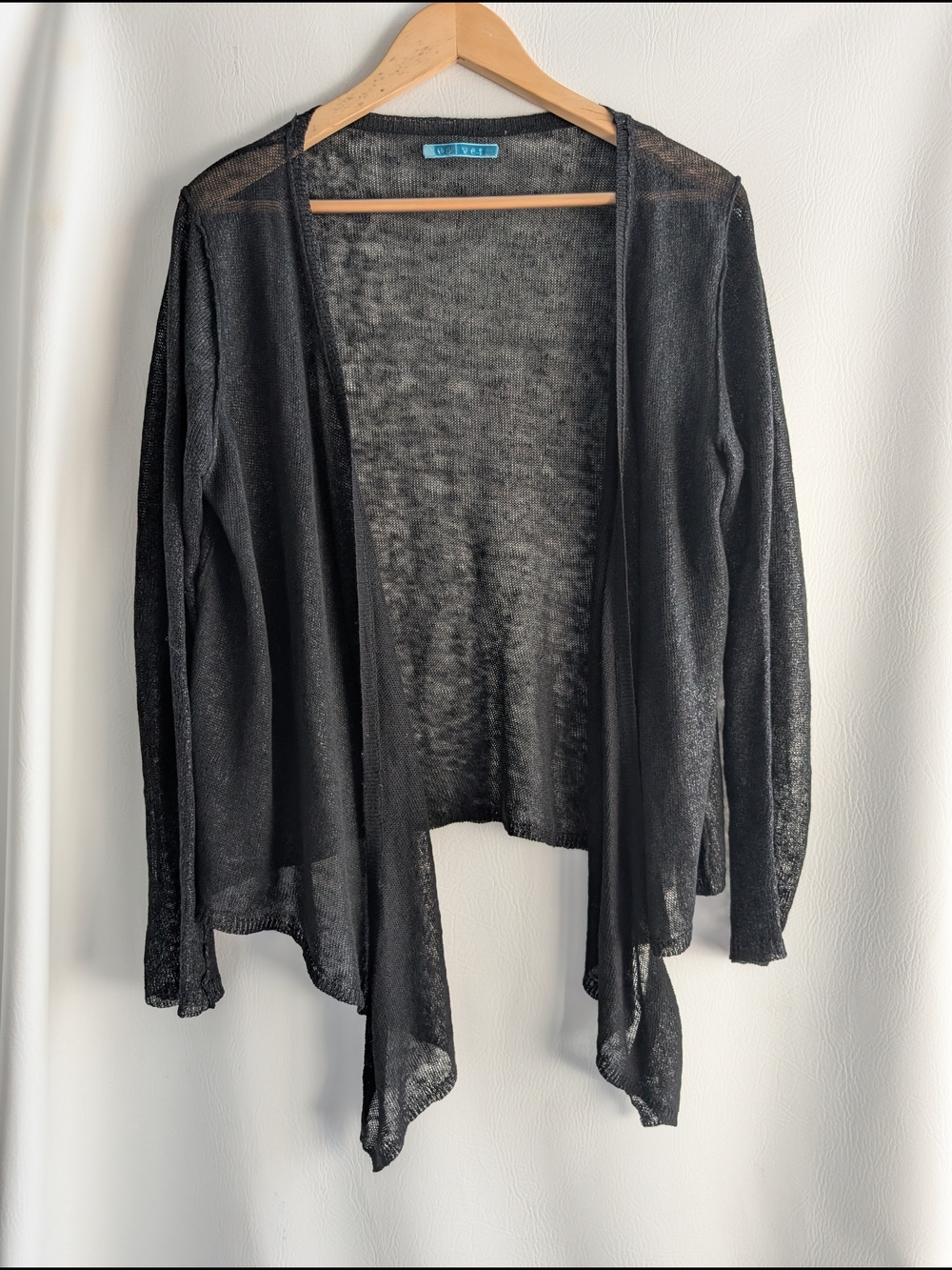 Velvet Black Linen Sheer Drape Open-Front Cardigan - L
